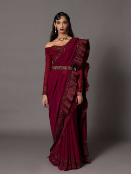 A Humming Way - Garnet Maroon Pleated Sequin Saree with Blouse & Belt