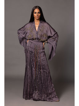A Humming Way - Shikhar Baugh Charcoal Kimono and Gucha Pleated Top with Skirt (Set of 2)