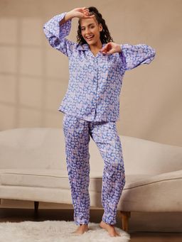 Clovia - Women's Satin Heart Print Button-Down Shirt and Pyjama - Purple