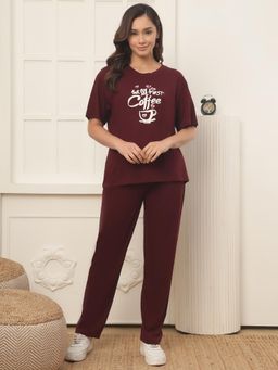 Kanvin - Womens T-Shirt with Pyjama Nightsuit - Maroon