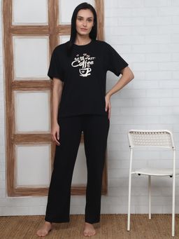 Kanvin - Womens T-Shirt with Pyjama Nightsuit - Black
