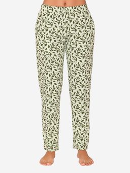 Bonjour - Womens Off-White Cotton Woven Pyjama with Olive Leaf Print