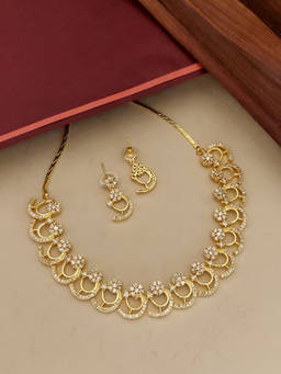 Abdesigns - White Elegant Gold Plated American Diamond Necklace with Earrings