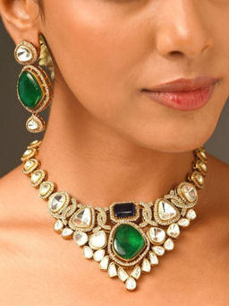 Abdesigns - Multi-Color Gold Plated Polki American Diamond Studded Necklace with Earrings