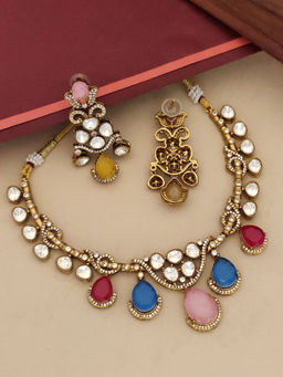Abdesigns - Multi-Color Gold Plated Polki American Diamond Studded Necklace with Earrings