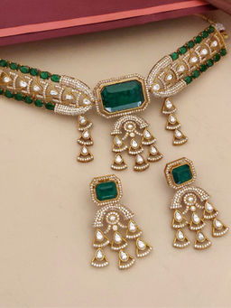 Abdesigns - Multi-Color Gold Plated Polki American Diamond Studded Necklace with Earrings