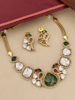Abdesigns - Multi-Color Gold Plated Polki American Diamond Studded Necklace with Earrings