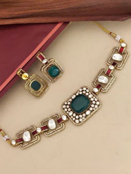 Abdesigns - Multi-Color Gold Plated Polki American Diamond Studded Necklace with Earrings