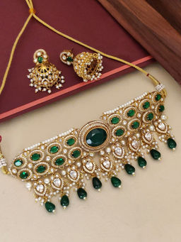 Abdesigns - Green Gold Plated Polki Studded Necklace with Earrings