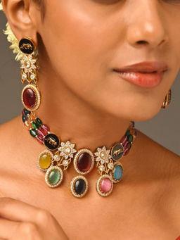 Abdesigns - Multi-Color Gold Plated Polki American Diamond Studded Necklace with Earrings