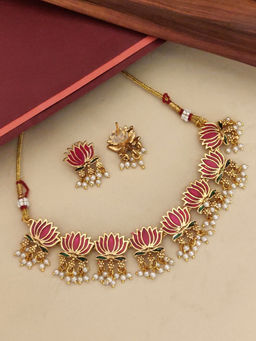 Abdesigns - Pink Gold Plated Kempstone Studded Temple Necklace with Earrings