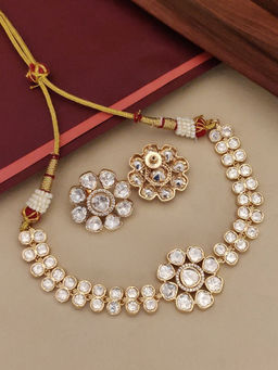 Abdesigns - White Gold Plated Polki Studded Necklace with Earrings