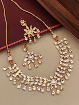 Abdesigns - White Gold Plated Polki Studded Necklace with Earrings