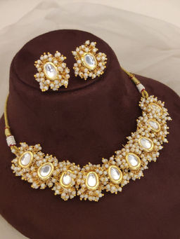 Abdesigns - White Elegant Gold Plated Polki Studded Necklace with Earrings