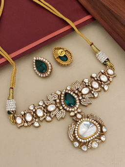 Abdesigns - Multi-Color Gold Plated Polki Studded Necklace with Earrings