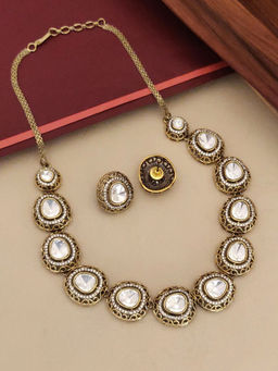 Abdesigns - White Gold Plated Polki Studded Necklace with Earrings