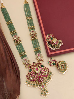 Abdesigns - Multi-Color Gold Plated Kempstone Studded Temple Necklace with Earrings