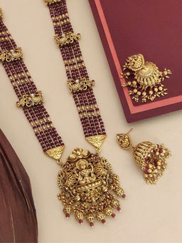 Abdesigns - Maroon Gold Plated Kempstone Studded Temple Necklace with Earrings