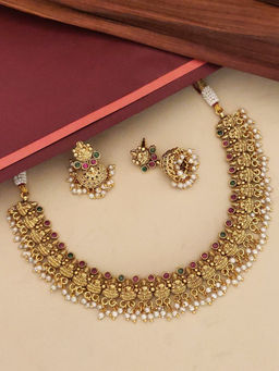 Abdesigns - Multi-Color Gold Plated Kempstone Studded Temple Necklace with Earrings