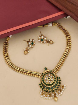 Abdesigns - Green Gold Plated Kempstone Studded Temple Necklace with Earrings