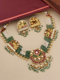 Abdesigns - Multi-Color Gold Plated Kempstone Studded Temple Necklace with Earrings