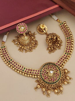Abdesigns - Multi-Color Gold Plated Kempstone Studded Temple Necklace with Earrings