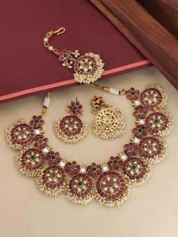 Abdesigns - Pink Gold Plated Polki Kempstone Studded Temple Necklace with Earrings & Maangtikka