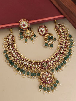 Abdesigns - Multi-Color Gold Plated Polki Kempstone Studded Temple Necklace with Earrings