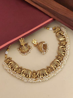Abdesigns - Off White Gold Plated Polki Kempstone Studded Temple Necklace with Earrings
