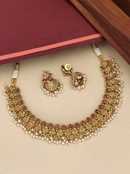 Abdesigns - Multi-Color Gold Plated Polki Kempstone Studded Temple Necklace with Earrings