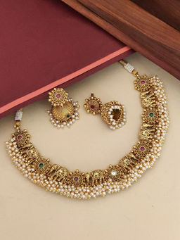 Abdesigns - Multi-Color Gold Plated Polki Kempstone Studded Temple Necklace with Earrings