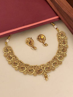 Abdesigns - Multi-Color Gold Plated Polki Kempstone Studded Temple Necklace with Earrings