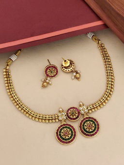 Abdesigns - Multi-Color Gold Plated Polki Kempstone Studded Temple Necklace with Earrings