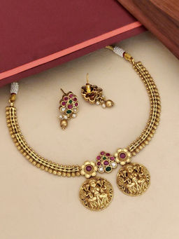 Abdesigns - Multi-Color Gold Plated Polki Kempstone Studded Temple Necklace with Earrings