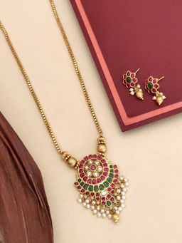 Abdesigns - Multi-Color Gold Plated Polki Kempstone Studded Temple Necklace with Earrings