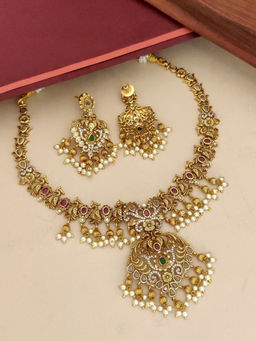 Abdesigns - Multi-Color Gold Plated Kempstone Studded Temple Necklace with Earrings