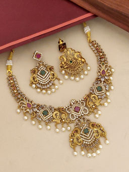 Abdesigns - Multi-Color Gold Plated Kempstone Studded Temple Necklace with Earrings