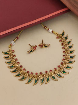 Abdesigns - Multi-Color Shimmary Gold Plated Green Leaf Necklace with Earrings