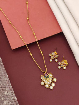 Abdesigns - Multi-Color Gold Plated White Colored Stone Pendant Necklace with Earrings