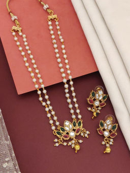 Abdesigns - Multi-Color Enchanting Gold Plated Colored Stone Lotus Pearl Necklace with Earrings