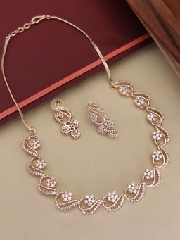 Abdesigns - White Rose Gold Plated American Diamond Studded Necklace with Earrings