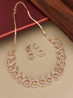 Abdesigns - White Elegant Rose Gold Plated American Diamond Necklace with Earrings