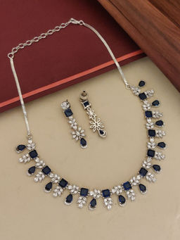 Abdesigns - Blue Elegant Silver Plated Flower American Diamond Necklace with Earrings