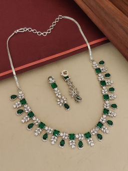 Abdesigns - Green Elegant Silver Plated Flower American Diamond Necklace with Earrings