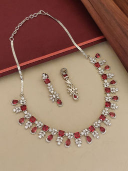 Abdesigns - Red Elegant Silver Plated Flower American Diamond Necklace with Earrings