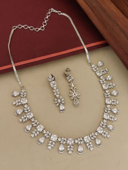 Abdesigns - White Elegant Silver Plated Flower American Diamond Necklace with Earrings