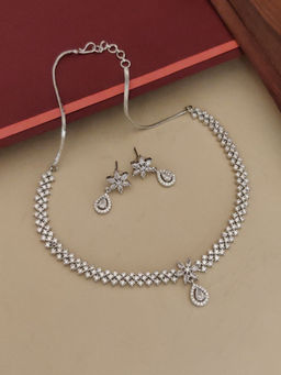 Abdesigns - White Elegant Silver Plated Flower American Diamond Necklace with Earrings