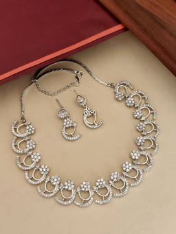 Abdesigns - White Elegant Silver Plated American Diamond Necklace with Earrings
