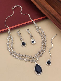 Abdesigns - White Enchanting Silver Plated American Diamond Necklace with Earrings & Maangtikka