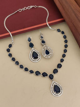 Abdesigns - Blue Elegant Silver Plated Flower American Diamond Necklace with Earrings